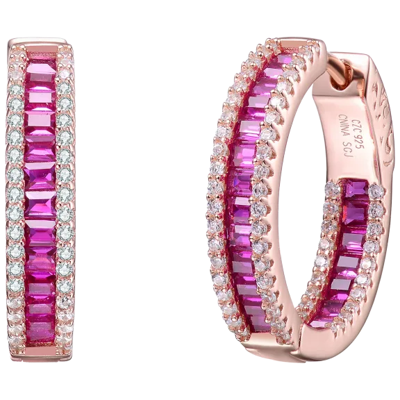 RelavenO Classy Sterling Silver Hoop Earrings with Ruby Red Cubic Zirconia
