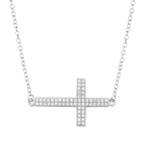 Savvy Cie Sterling Silver Pave Sideways Cross Necklace