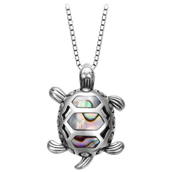 Genevive Opal Sterling Silver with Rhodium Plated Turtle Pendant Necklace