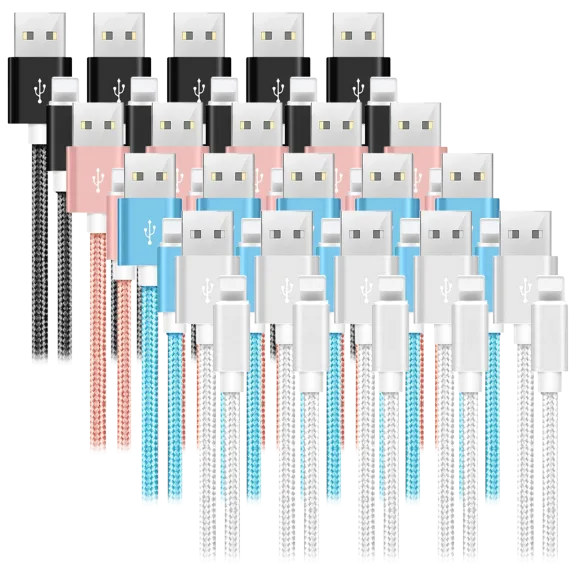 5-Pack: All 10ft Heavy Duty Braided Lightning Cables for Apple Devices