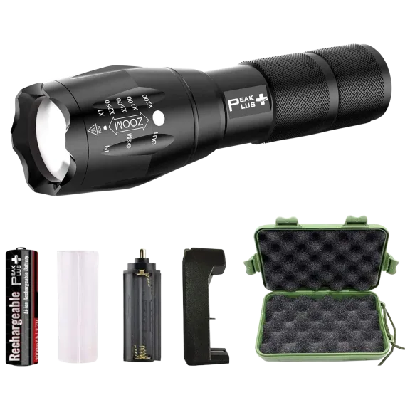 PeakPlus Tactical LED Flashlight with Rechargeable Battery and Case