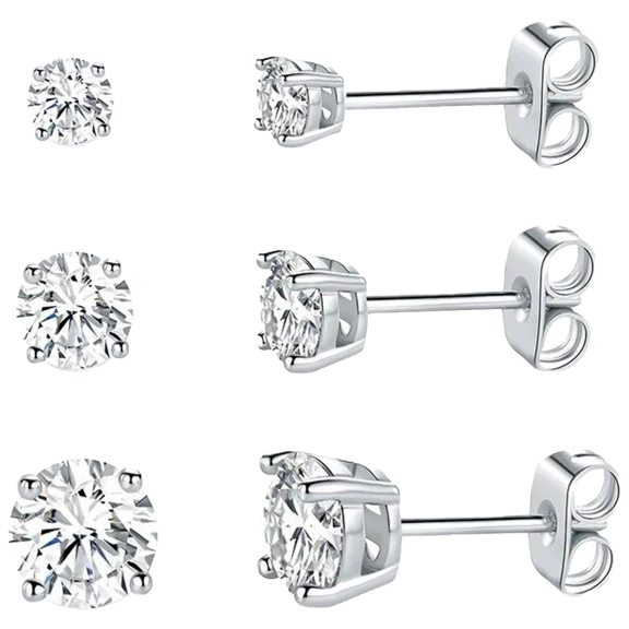 Savvy Cie Sterling Silver Set of 3 Brilliant Cut Stud Earrings