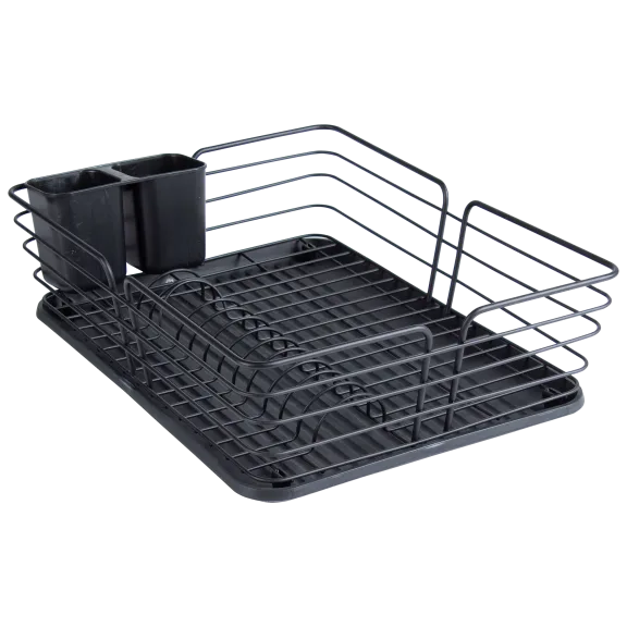 Bombay Powder Coated Iron Dish Rack with Base & Utensil Holder in Black