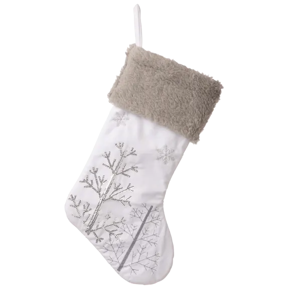 GlitzHome 21"L White Fleece with Christmas Tree and Snowflake Stocking