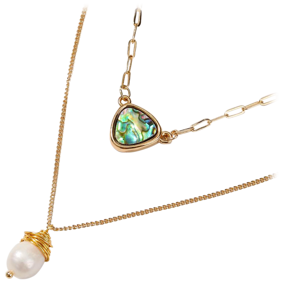 Hollywood Sensation Dainty 2-Layer Necklace with Abalone Pendants and Faux Pearl
