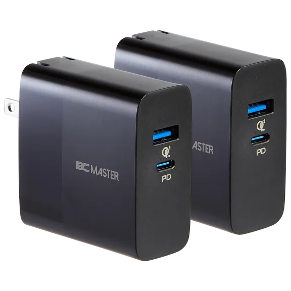 2-Pack: BCMaster 2-Port Wall Charger 65W USB-C PD 3.0 and 18W USB-A QC 3.0