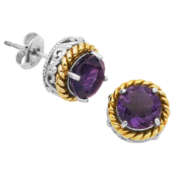 Morgan & Paige African Amethyst Round Earrings with Gold Rope Accents
