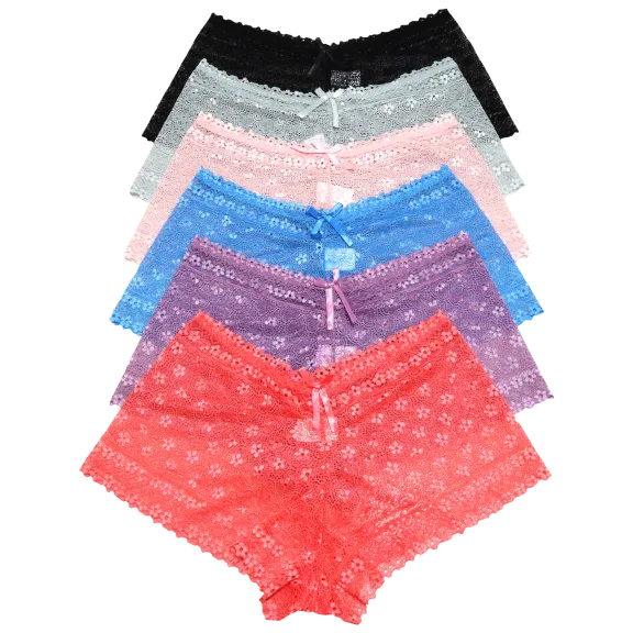 6-Pack: Angelina Lace Cheeky Boxer Panties