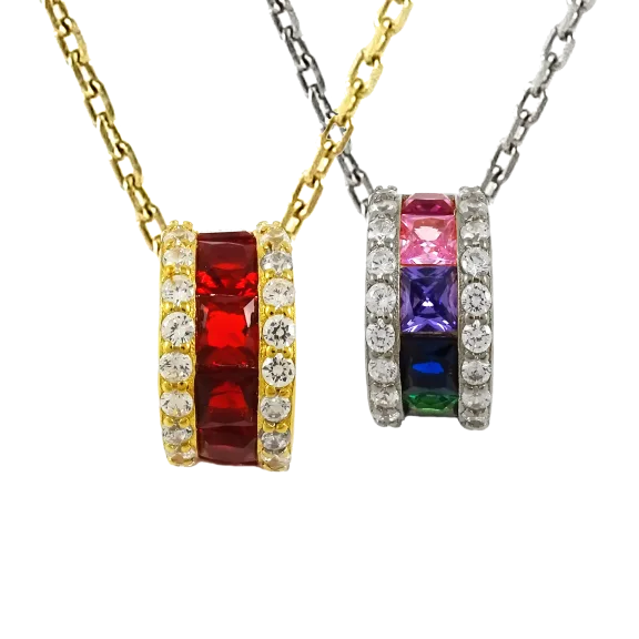 18K White Gold Princess Cut with Rainbow or 18K Yellow Gold with Ruby Necklace