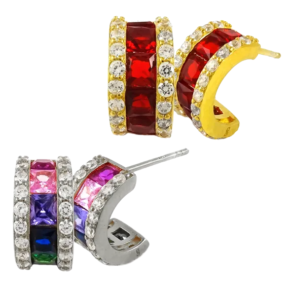 Sterling Silver Princess Cut Rainbow or Ruby Half Hoop Earrings