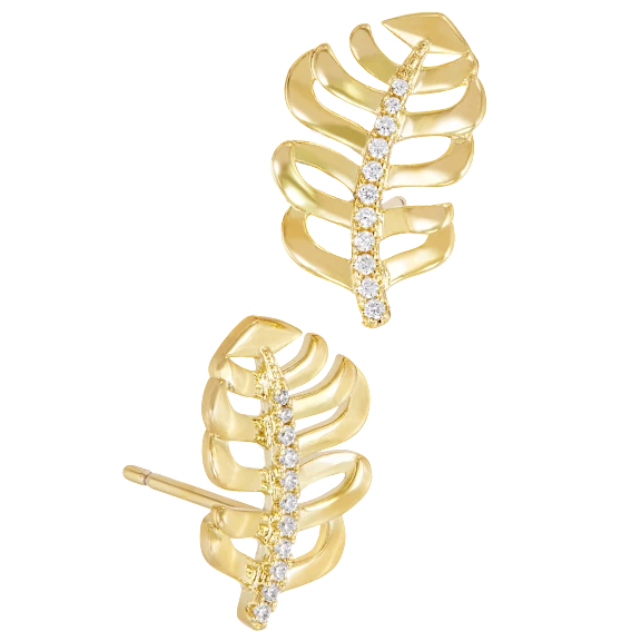 Savvy Cie Gold Plated Cubic Zirconia Leaf Earrings