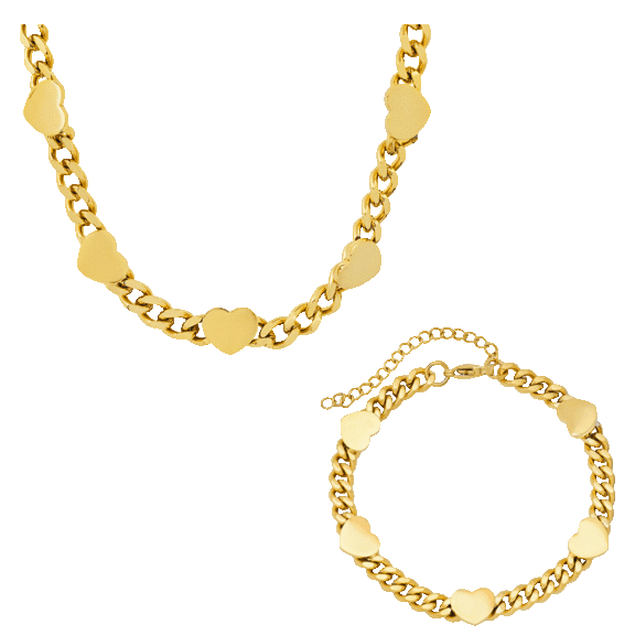 Steeltime Heart Charm Cuban Link Bracelet and Necklace Set