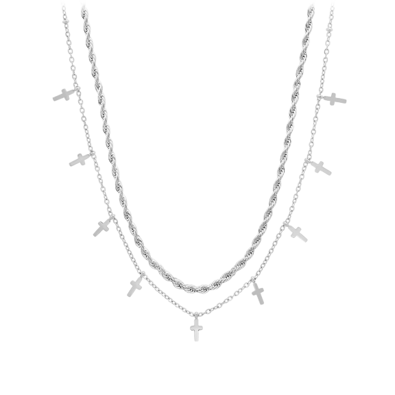 Steeltime Ladies Dainty Cross & Rope Chain Layered Necklace Set