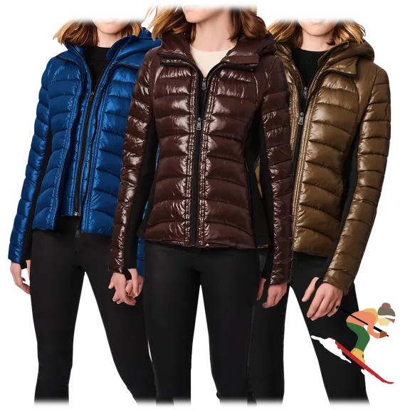 Bernardo Nylon & Neoprene Packable Puffer Jacket with Removable Hood and Bib