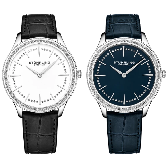 Stuhrling Ladies Silver with Crystals and Genuine Leather Strap Watch