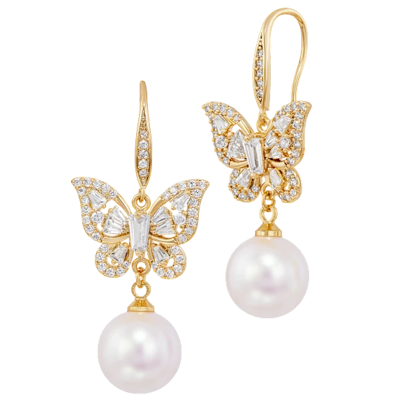 Savvy Cie Butterfly Huggie Drop Earrings with Faux Pearl