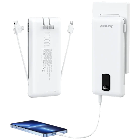 Charmast 10,000 mAh Power Bank with Built-in Cables & Wall Plug