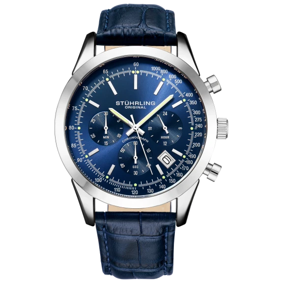Stührling Men's Quartz Chronograph Date Watch with Alloy Case and Leather Strap