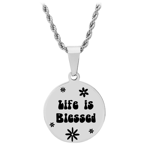 Steeltime "Life Is Blessed" Groovy Flower Stainless Steel Pendant Necklace