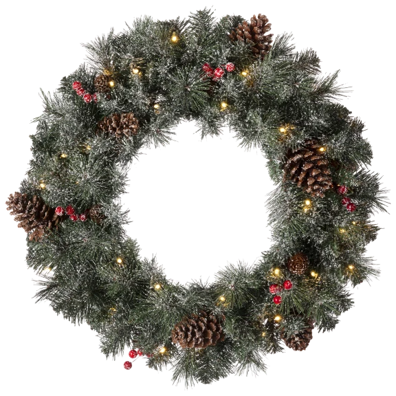 Glitzhome 24"D Pre-Lit Glittered Pine Cone Christmas Wreath, with Warm White LED