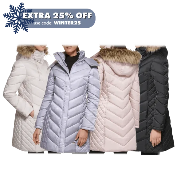 Kenneth Cole Mid-Length Chevron Quilted Puffer Jacket with Faux Fur Trim