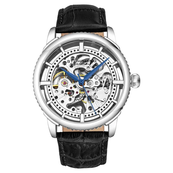 Stührling Men's Skeleton Watch with Silver Case and Black Leather Strap