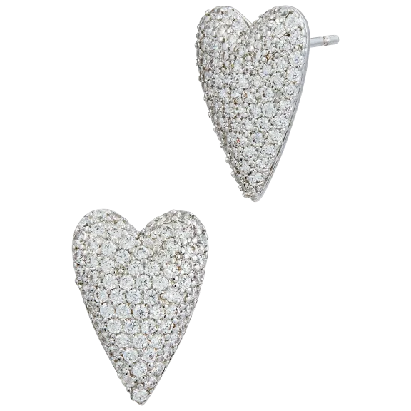 Savvy Cie Rhodium Plated White Cubic Zirconia Heart Stud Earrings