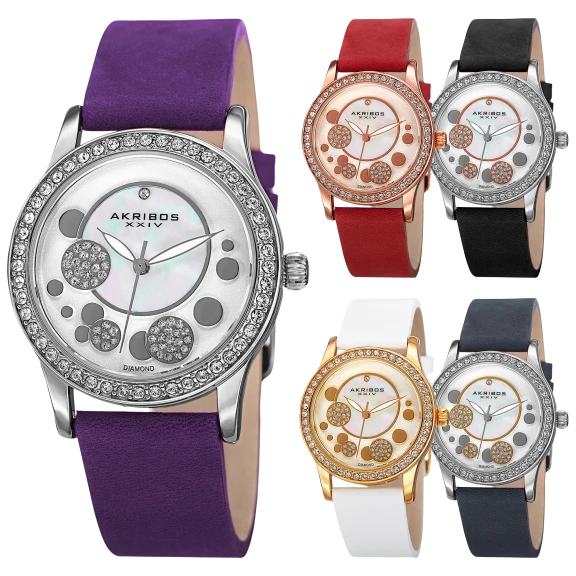 Akribos XXIV Women's Quartz Diamond Leather Strap Watch