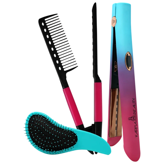 3-Pack: Karma Beauty Ultrasonic Infrared Flat Iron, Wet Brush, and EZ Comb