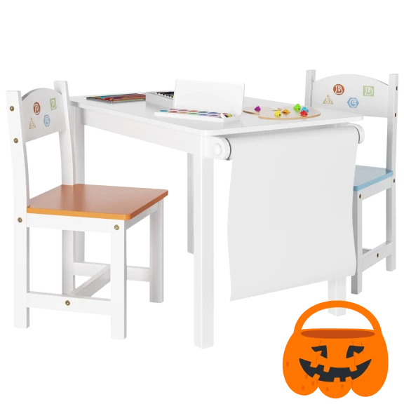 3-Piece Wood Kids Table and Chair Set with Drawing Paper Rack