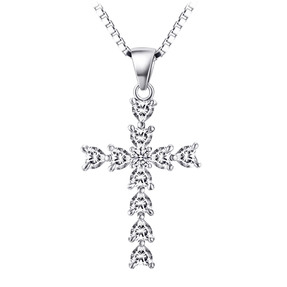 Tamborat Jewelry 18K White Gold Plated CZ Heart Shaped Stones Cross Necklace
