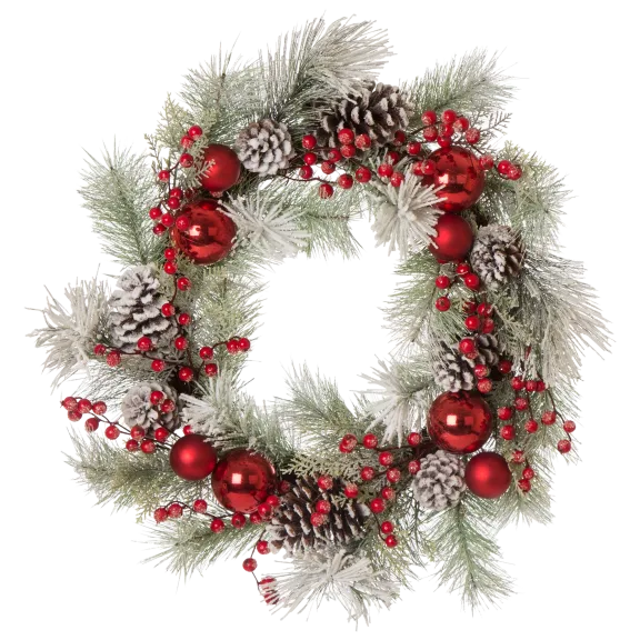 Glitzhome 24"D Flocked Pinecone & Ornament Wreath