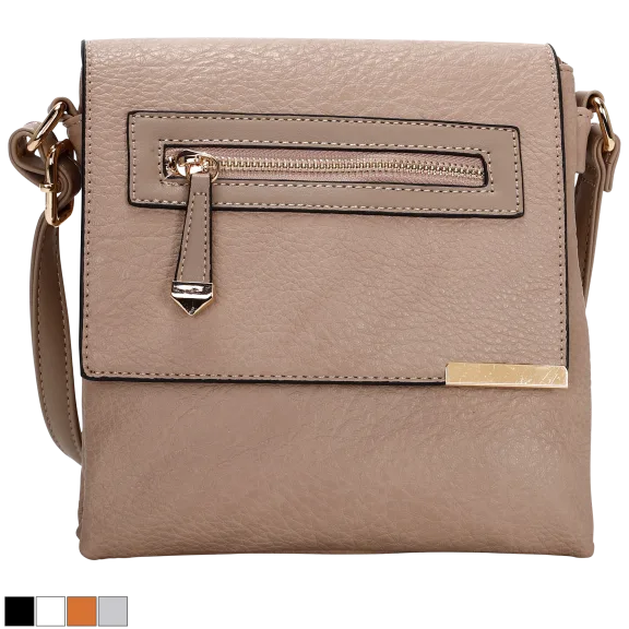 La Terre Vegan Leather Crossbody With Zip Pocket Flap And Metal Trim Detail