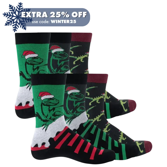 6-Pack: Galleria Christmas Fun Socks for Kids (Dino Holiday)