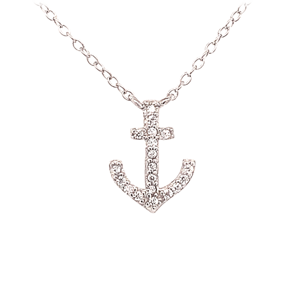 Edgewater Sterling Silver Swarovski Cubic Zirconia Anchor Pendant Necklace