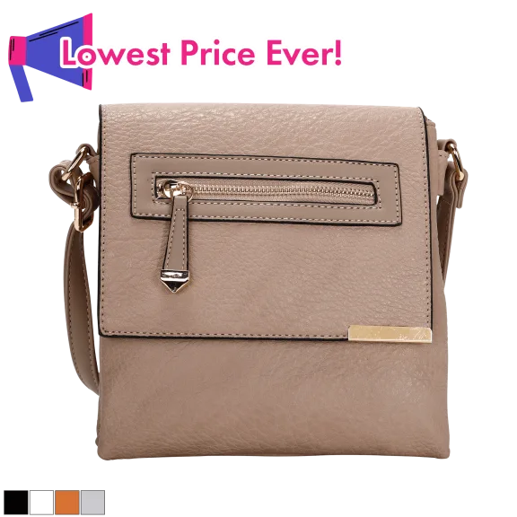 La Terre Vegan Leather Crossbody With Zip Pocket Flap And Metal Trim Detail