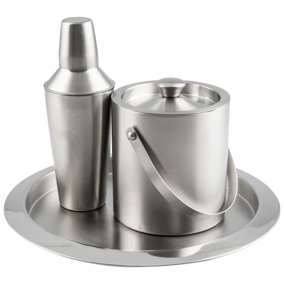 Set of 3: Cambridge Brushed Stainless Steel Shaker, Bucket and Bar Tray