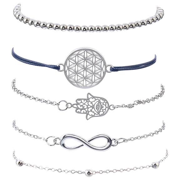 Golden NYC Jewelry 5 Piece Silvertone Hamsa Pendant Chakra Bracelet Set