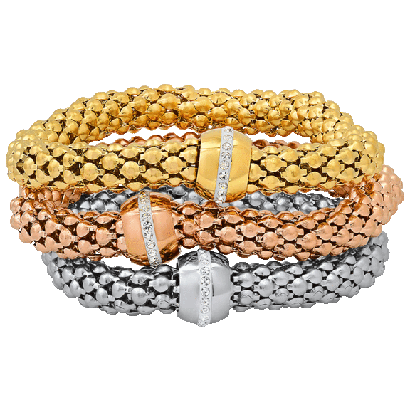 SteelTime 3-Piece 18K Tri-Tone Stainless Steel Plated Popcorn Chain Bracelets