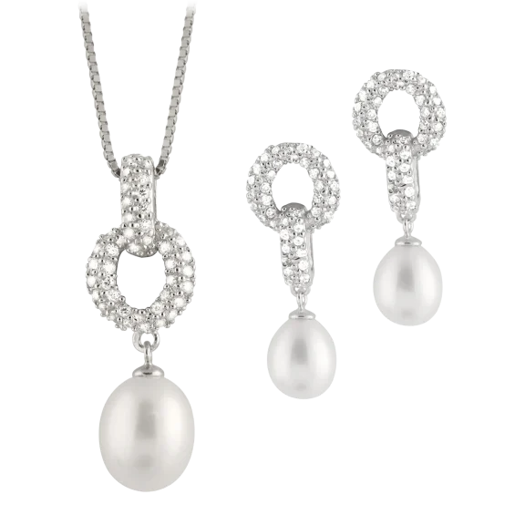 Splendid Pearls Sterling Silver Pearl Link Pendant Necklace & Earring Set