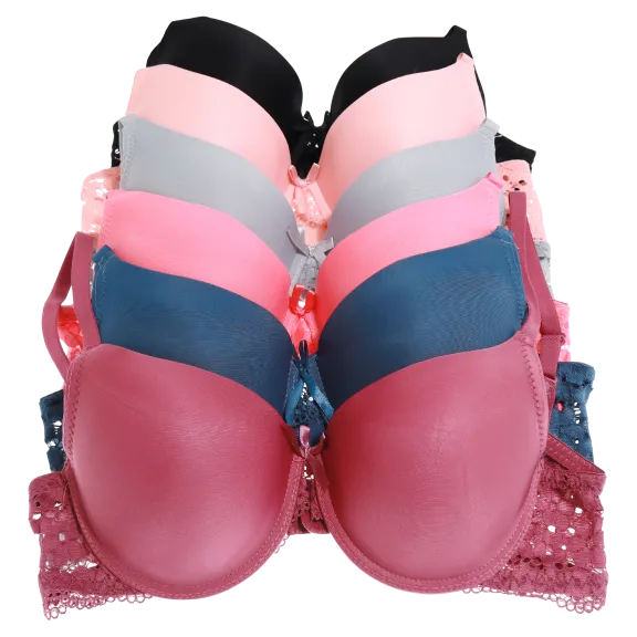 6-Pack: Angelina Wired Padded Lace Bras with Adjustable Convertible Straps