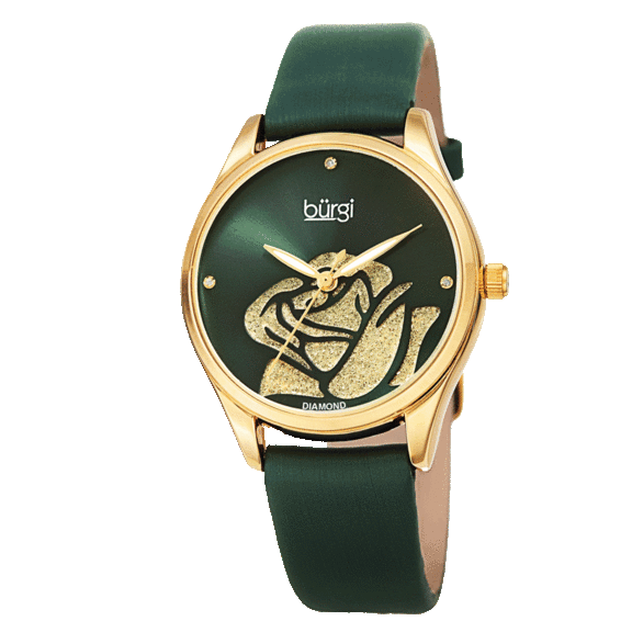 Burgi Women's Diamond Glitter Flower Leather Strap Watch