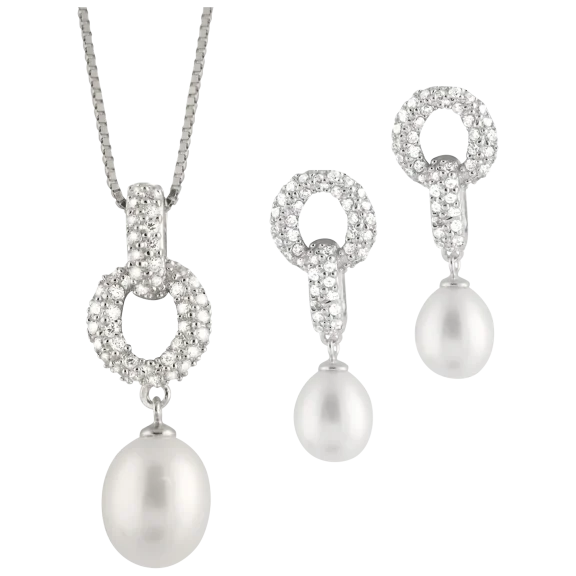 Splendid Pearls Sterling Silver Pearl Link Pendant Necklace & Earring Set