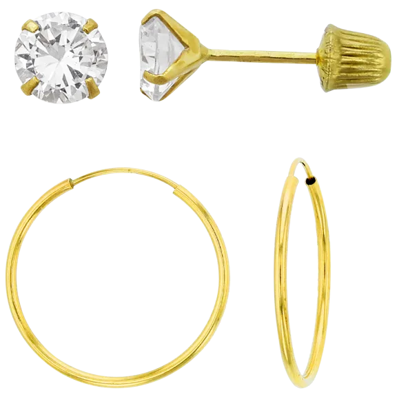 Decadence 14K Yellow Gold Set of 4mm Stud Earrings & 12mm Hoop Earrings