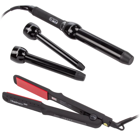Thairapy365 Bundle: Wet/Dry Flat Iron & Clipless Trio Curling Iron Set
