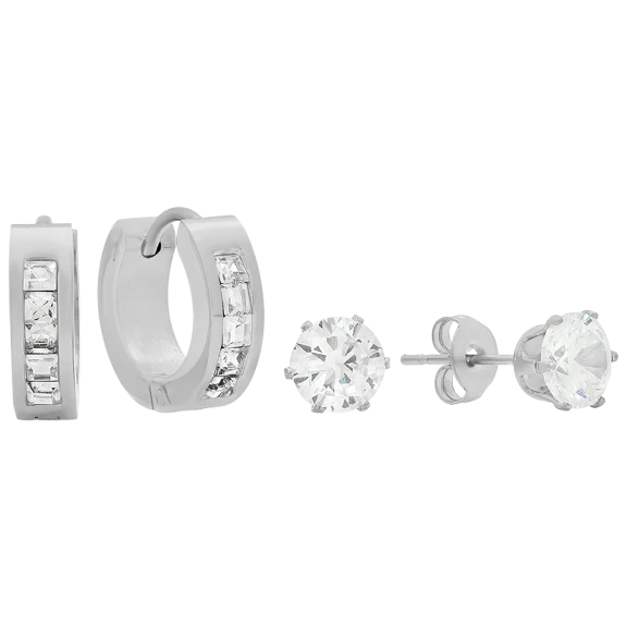 Steeltime Simulated Diamond Studs & Huggie Hoop Earrings