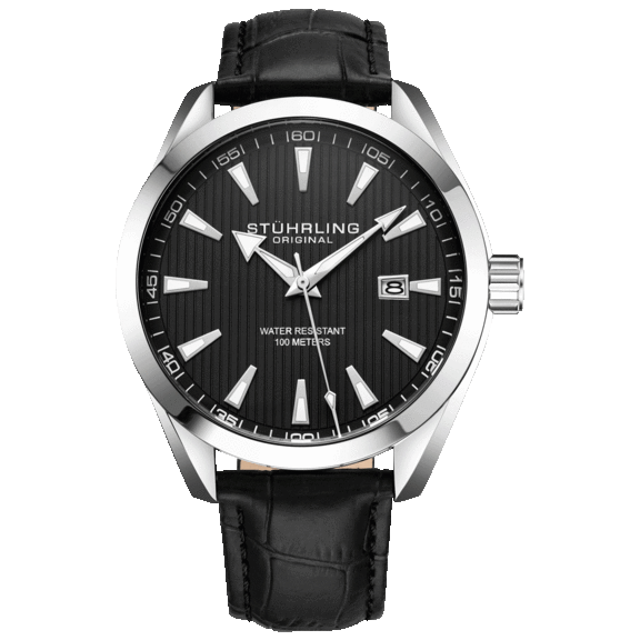 Stuhrling Men's Quartz 42mm Silver Alligator Embossed Leather Strap Watch