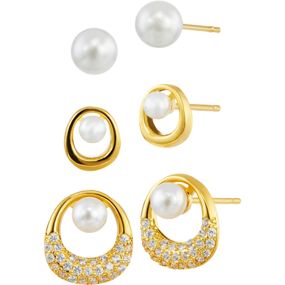 Savvy Cie 3-Pair Pearl Stud Earrings with High Polish & Pave Asymmetric Halo