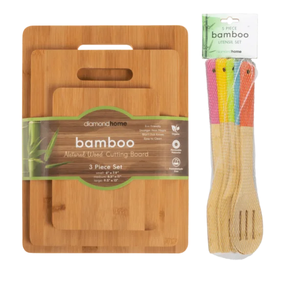 Diamond Home 8-Piece Bamboo Cutting Board and Utensil Set