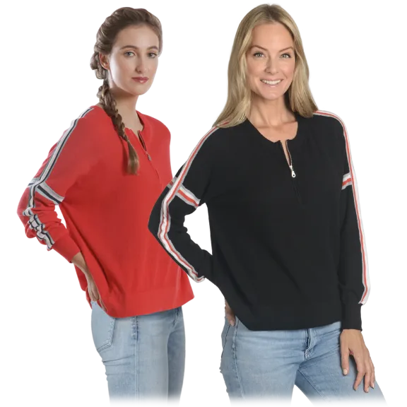 Henry And Paulie Relaxed Sweater with Zipper Neck & Stripe Detail